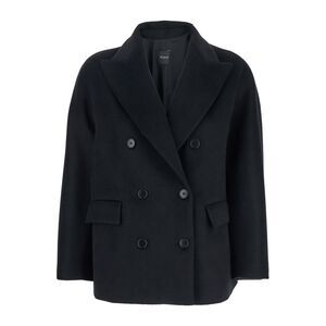 Plain Women Black Double-Breasted Jacket With Peak Revers In Wool Woman